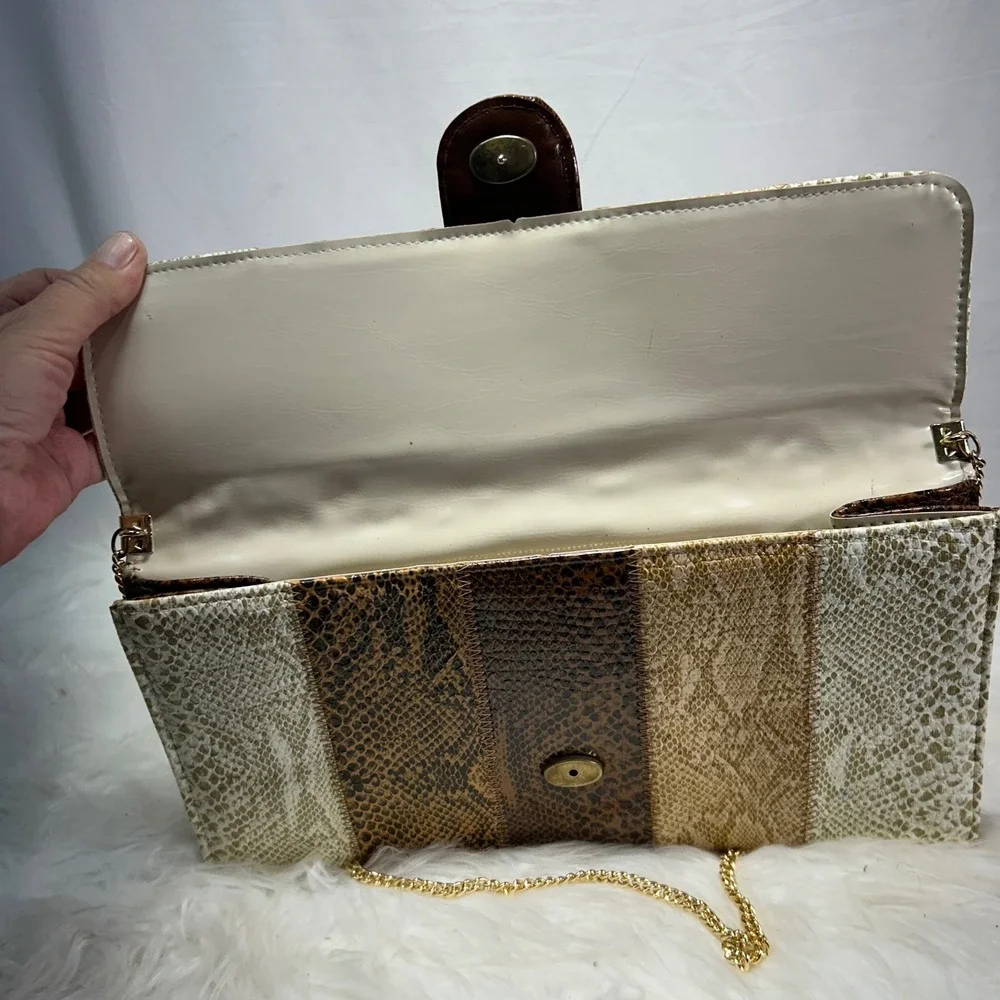 Chic Snake Print Patchwork‎ Clutch Evening Bag Gold Chain Strap